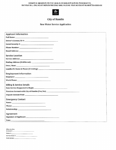 First page of the Water Service Agreement
