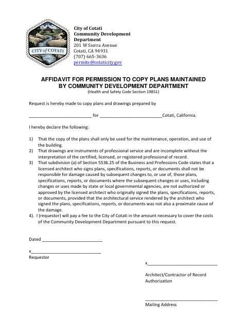 First page of the Affidavit for Permission to Copy Plans