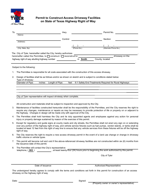 First page of the Permit to Construct Access Driveway Facilities on State of Texas Highway Right of Way