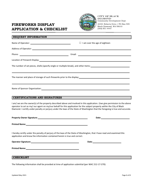 First page of the Fireworks Display Application & Checklist