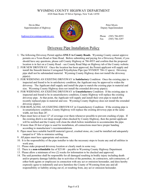 First page of the County Road Driveway Permit