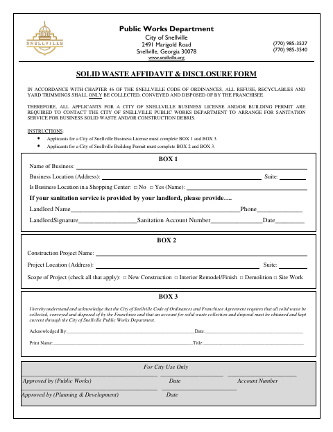 First page of the Solid Waste Affidavit & Disclosure Form