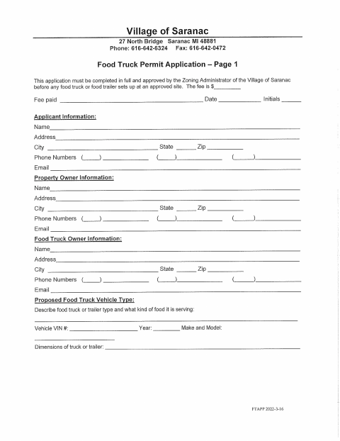 First page of the Food Truck Permit Application