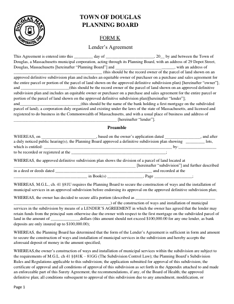 First page of the Subdivision Lender’s Agreement