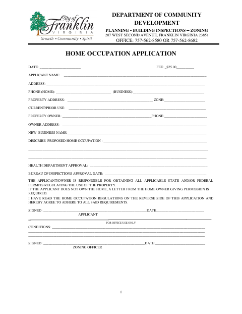First page of the Home Occupation Application