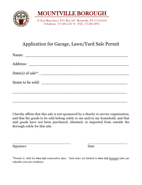 First page of the Application for Garage, Lawn/Yard Sale Permit