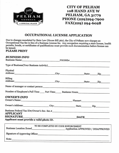 First page of the Occupational License Application