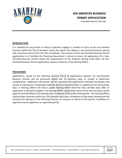 First page of the Sex-Oriented Business Permit Application