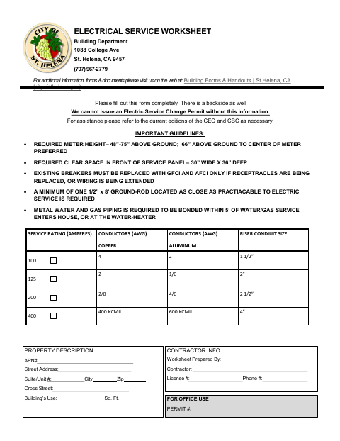First page of the Electrical Service Worksheet