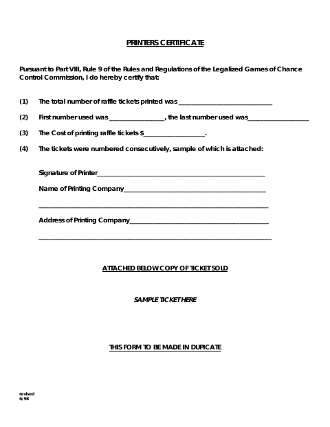 First page of the Printers Certificate