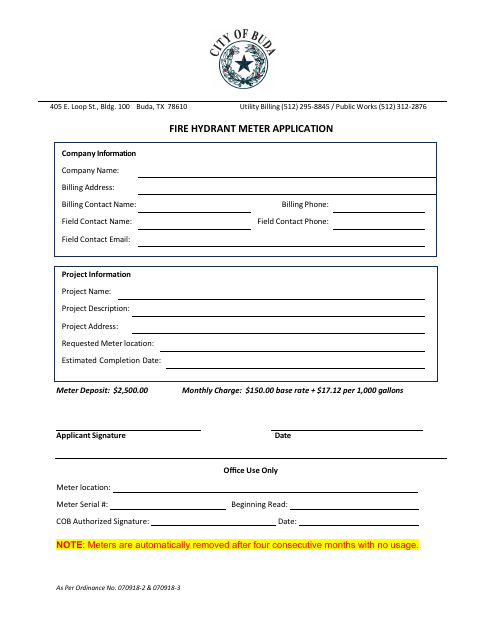 First page of the Fire Hydrant Meter Application