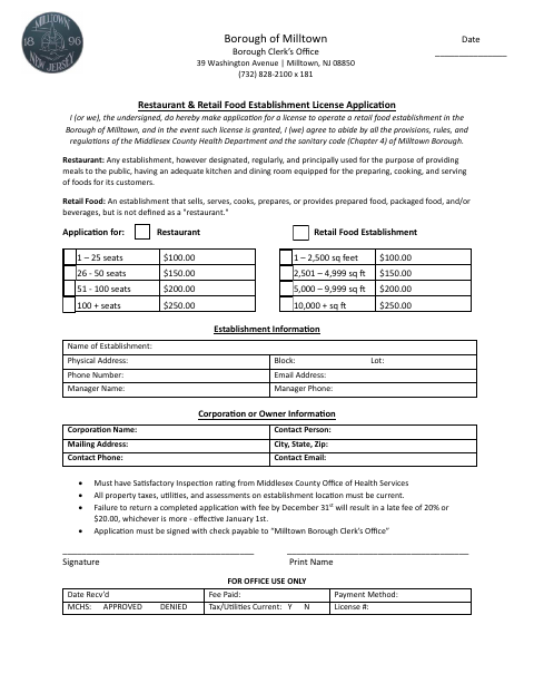 First page of the Restaurant & Retail Food Establishment License Application
