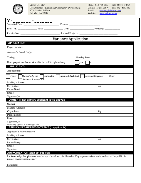 First page of the Variance Application