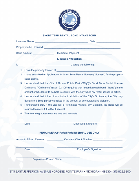First page of the Short Term Rental Bond Intake Form