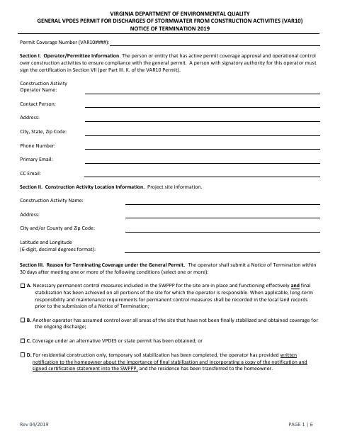 First page of the Stormwater Permit Notice of Termination