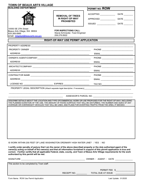 First page of the Right-of-Way Use Permit Application
