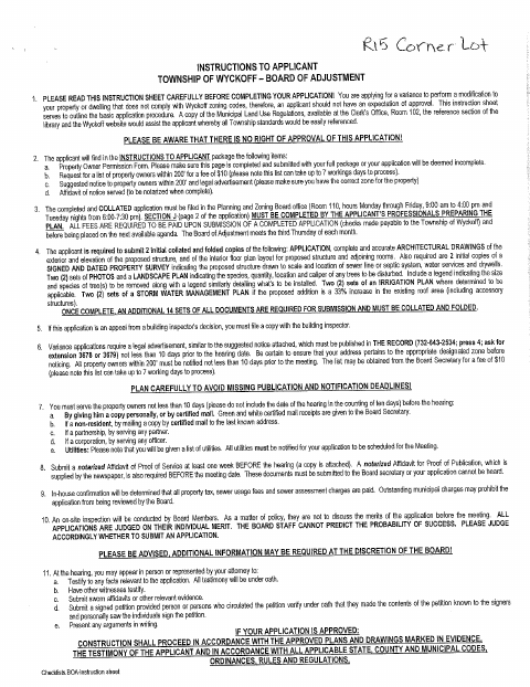 First page of the Application for Properties in Zoning District R-15, Corner Lot