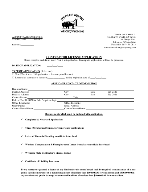 First page of the Contractor License Application and Experience Verification