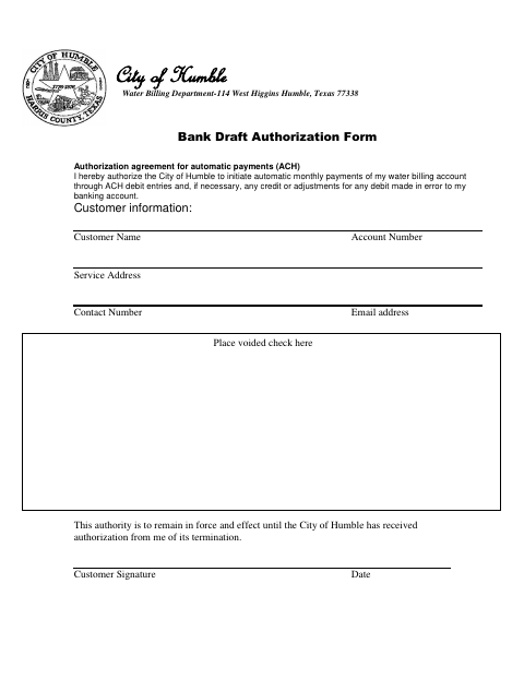 First page of the Bank Draft Authorization Form