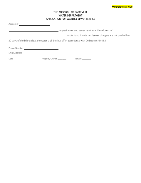 First page of the Application for Water & Sewer Service