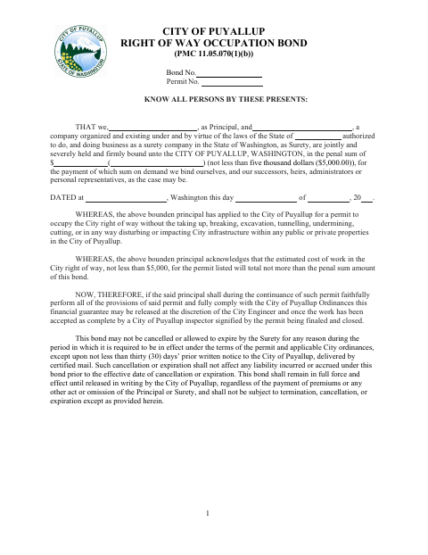 First page of the Right of Way Occupation Bond