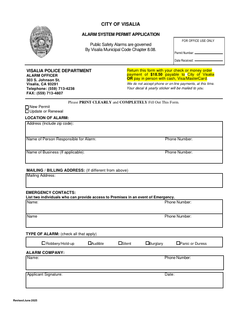 First page of the Alarm System Permit Application