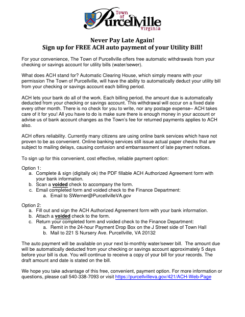 First page of the ACH Authorization Agreement