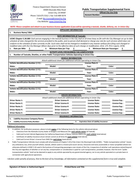 First page of the Public Transportation Supplemental Form