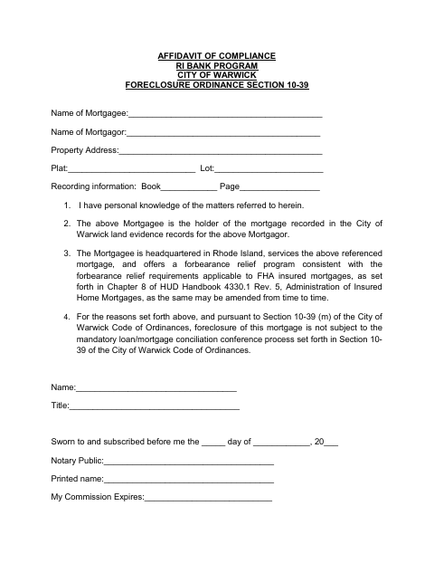 First page of the Affidavit of Compliance RI Bank Program