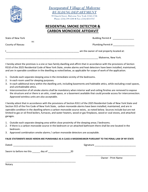 First page of the Residential Smoke Detector & Carbon Monoxide Affidavit