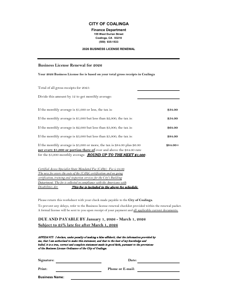 First page of the Business License Renewal