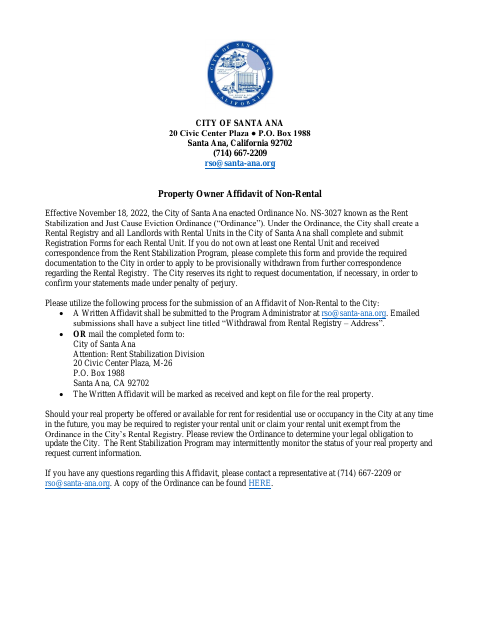 First page of the Property Owner Affidavit of Non-Rental