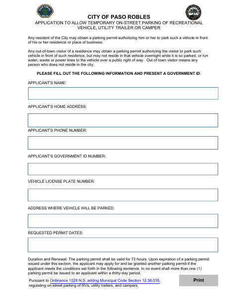 First page of the Application to Allow Temporary On-Street Parking of Recreational Vehicles, Utility Trailers, or Campers