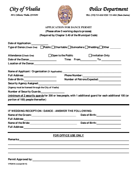 First page of the Dance Permit Application