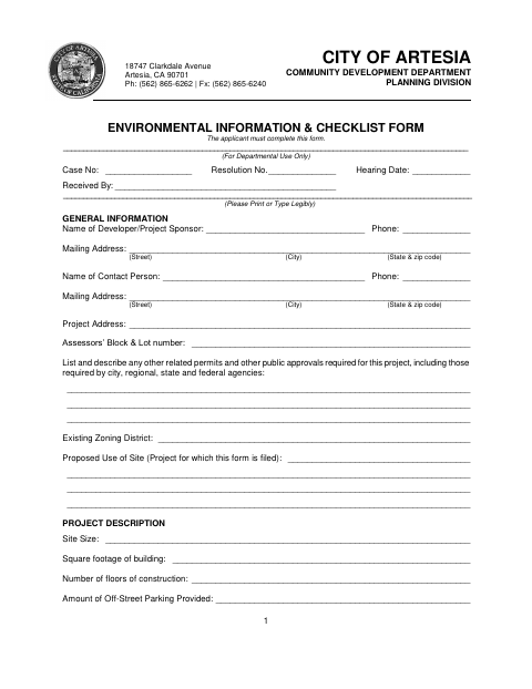 First page of the Environmental Information & Checklist Form