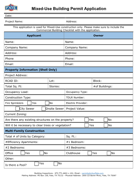 First page of the Mixed-Use Building Permit Application