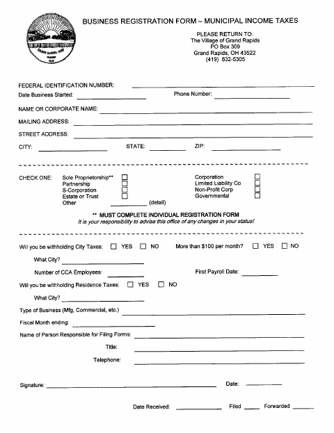 First page of the Business Registration Form