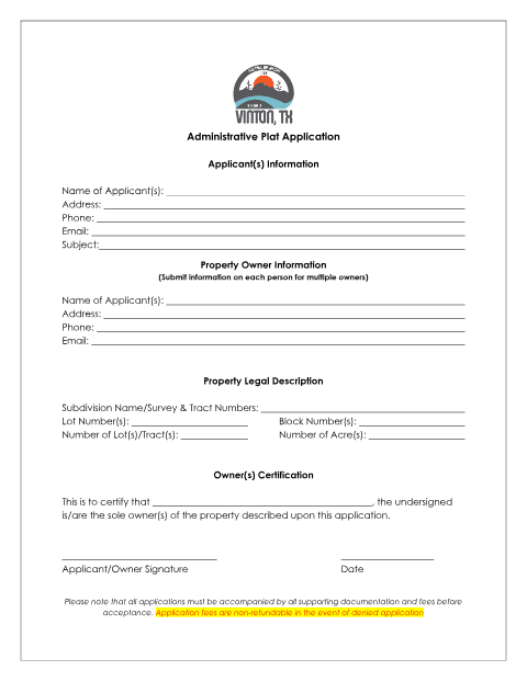 First page of the Administrative Plat Application