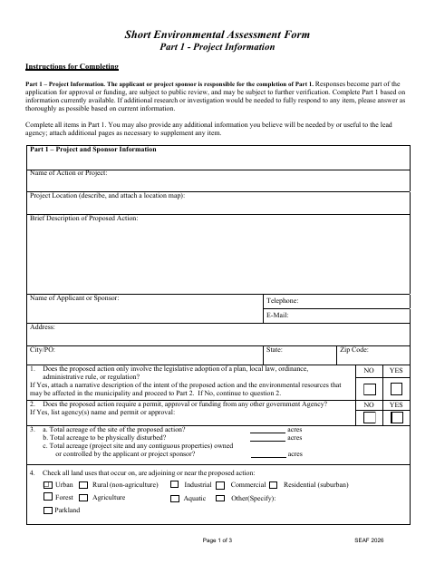 First page of the Short Environmental Assessment Form Part 1 – Project Information