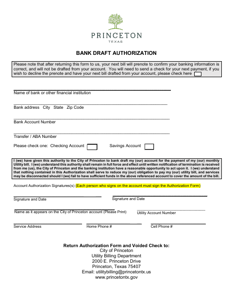 First page of the Bank Draft Authorization Form