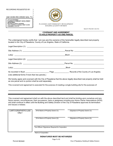 First page of the Covenant and Agreement to Hold Property as One Parcel