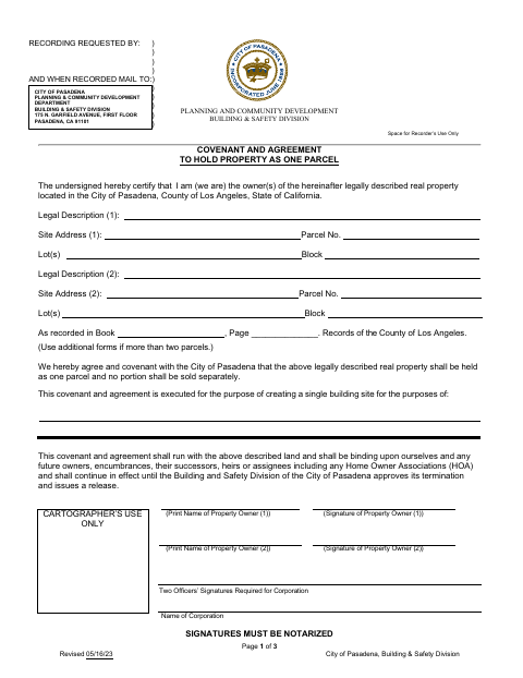 First page of the Covenant and Agreement to Hold Property as One Parcel