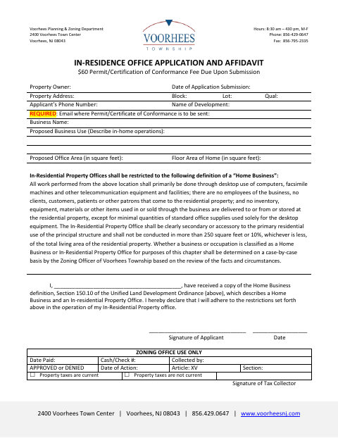First page of the In-Residence Office Application and Affidavit