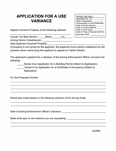 First page of the Use Variance Application