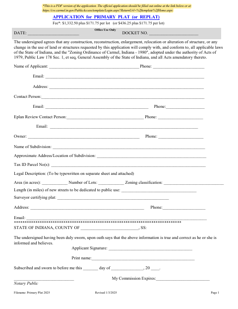 First page of the Primary Plat or Replat Application
