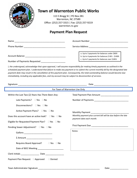 First page of the Payment Plan Request