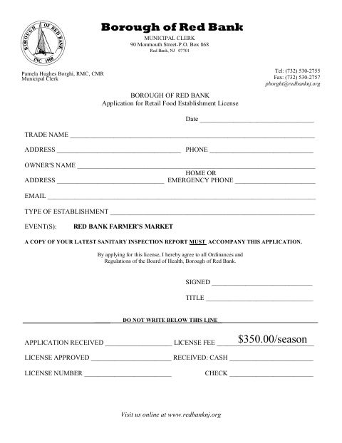 First page of the Application for Retail Food Establishment License