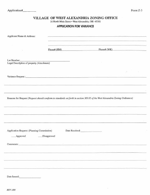 First page of the Application for Variance