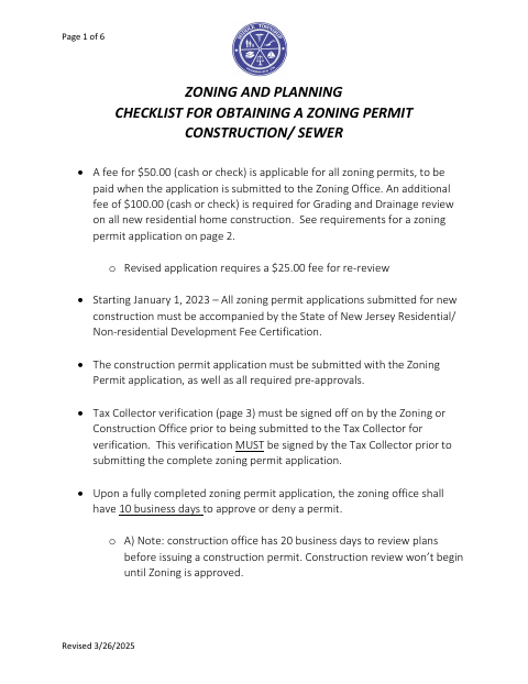 First page of the Zoning Permit Application – Construction/Sewer