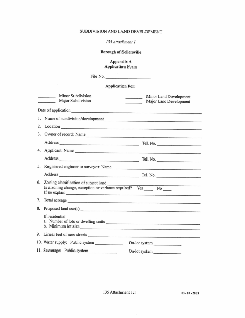 First page of the Subdivision and Land Development Application